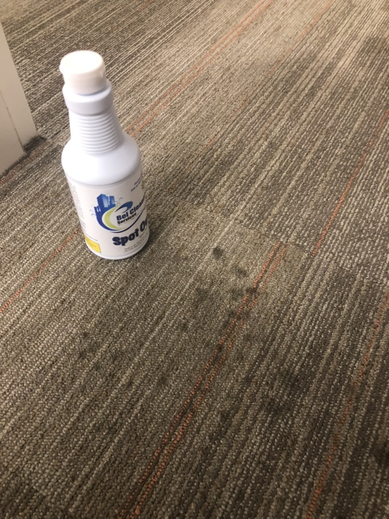 Bel Cleaning Spot Out solution treating a stained commercial carpet before extraction